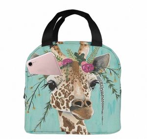 giraffe With Floral Headpiece Lunch Box Reusable Insulated Lunch Bag Cooler Tote Box With Frt Pocket Zipper Closure Women Men e9x6#