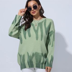 Women's Sweaters Elegant Green Striped Print Pullovers Women Winter O-Neck Loose Long Streetwear Warm Outerwear 2024