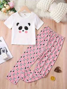 Girls 2-piece Trendy Pajama Sets Cartoon Panda Pattern Round Neck Short Sleeve Top 240407