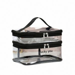 1pctransparent Double Layer Travel Cosmetic Bag Jelly Color Large Capacity Cosmetic Case Fi Woman W Organizer Makeup Bag r6fJ#