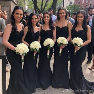 Nedime ucuz siyah elbise denizkızı spagetti kayışları sırtsız dantel aplikeler üst uzun hizmetçi gotik düğün konuk önlükleri