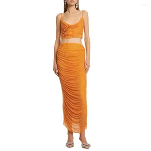 Arbeitskleider Trendyol Frauen Orange Perlen Outfits High Street Camisole Crop Top und plissierter langer Rock zweiteilige Sets Abendclubparty