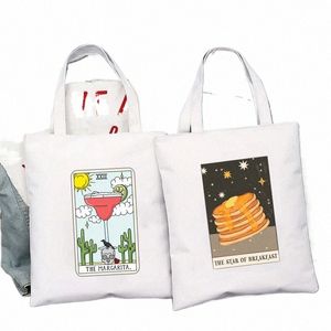 Roliga Tarot axelväskor för kvinnor tryckte Wine Coffee Casual Tote Bag stora återanvändbara butikspåsar Vit duk x5kn#