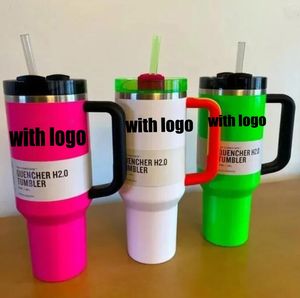 Elektrikli Neon Beyaz Siyah Pembe Sarı Yeşil Kırmızı Squencher H2.0 Tumbler 40 Oz Bardak Saplı Kapak ve Saman Araç Kupaları 1: 1 Logo Çikolatalı Altın 40oz Ozlu Su Şişeleri GG0416