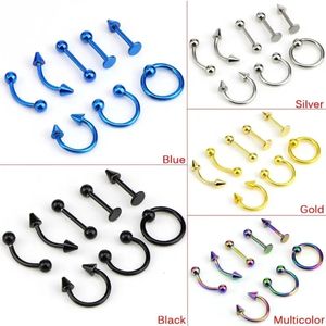 8pcs Paslanmaz Çelik Kaş Halkaları Dudak Halkası Burun Hoop Dil Septum Piercing Mücevher Kıkırdak Tragus Küpeler 240409