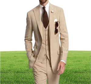 Beige Three Piece Wedding Men Suits For Business Party Peaked Lapel Two Button Custom Made Groom Tuxedos Jacket Pants Vest5909504