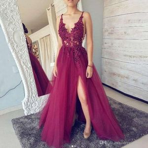 Sexiga prom långa klänningar spaghetti remmar v hals öppen bakre delning tulle pärlor formella party klänning ogstuff vestido de fiesta estido estido