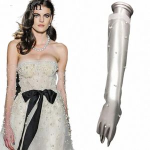 Janevini Elegant 50cm LG Bridal Gloves Sheer Tulle Ivory Pearls Fingl Sleeves Wedding Gloves for Bride Guantes Largos L9RF＃