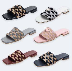 Designer P R A D A Slides feminino Bordado Bordado Fizeiro Metálico Desliza Metália Letra de Luxúria Letra Sandália Triângulo Empresar