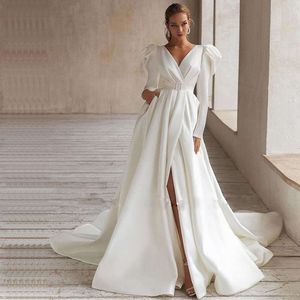 Klassiska en linje bröllopsklänningar med skärmar långa ärmar främre split brudklänning strand mariage klänningar vestidos 326 s s s