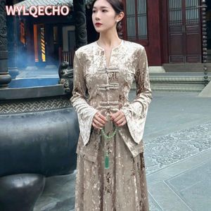 Etnik Giyim Zarif Bayanlar Etek Seti 2024 Bahar Kadınlar Çin Stil Kadife Uzun Parlama Kılıf Bluz Elastik Etekler Takımlar