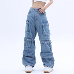 Jeans femininos pesados calças de carga da indústria Jeans lavados Mulheres Y2K Vintage Streetwear High Stop Soly Opessize Legal perna