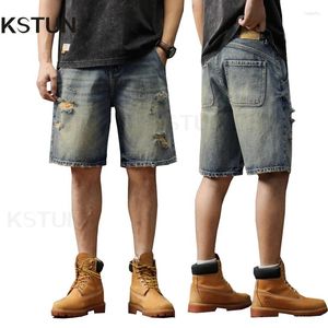 Mäns jeans sommar shorts män denim rippade hip hop baggy byxor knä längd frayed ljusblå lös passform bred ben