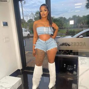 Women's Tracksuits Summer Denim Two 2 Piece Outfits Diamond Strapless Crop Tube Top And Jeans Shorts Sets Y2K Night Out Club Party