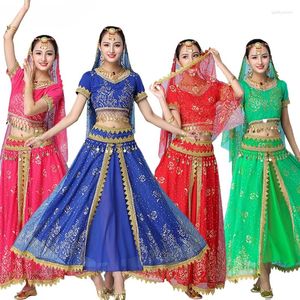 Stage Wear Sexy Women India Belly Dance Costumes Set Sari Outfit Bollywood Egypt Performance Chiffon Sequin Top Skirt