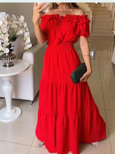 Summer Boho Red Dress Fashion Short Sleeve Beach Long Dress Casual Loose Elegant Holiday Party Dresses For Women Robe Femme 240409