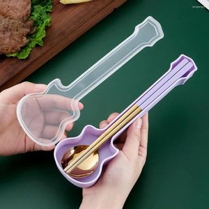 Dinnerware Sets 1 Set Stainless Steel Spoon Chopsticks With Guitar Shape Storage Box Kitchen Children Adult Flatware Camping Supplies