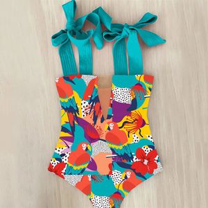 2024 Sexy Swimsuith ombro de tira de banho de maiô Prind Prind Swimwear Mulheres de traje de banho sem costas Monokini 240315