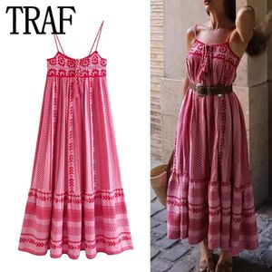 Traf rosa crochê vestido deslizante mulher corte vestidos longos de verão mulheres sem costas vestido boho sexy vestidos de praia de férias 240411