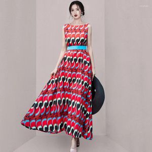 Casual Dresses 2024 Elegant Korean Summer Long Dress Fashion Women O Neck Sleeveless Geometric Print Chiffon Tank Holiday Maxi With Belt