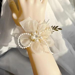 Charm Bracelets Mädchen Brautjungfern Handgelenk Corsage Braut Prom Party Boutonniere Satin Rose Perle Armband Handblumen Hochzeit Hochzeit