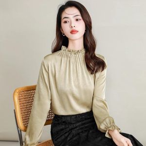 Women's Blouses Chinese Style Women Chic Slik Shirts Khaki Low-key Pattern Jacquard Tops Ruffle Collar Petal Cuff Design Basic Ladies