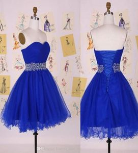 Royal Blue Sweetheart, sem mangas, vestidos noturnos de tule tule coquetel vestidos de festa vestido curto com cristais de lantejoulas w3063745