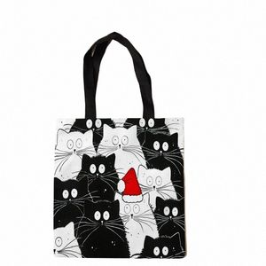 Tote Bag for Women Gute Black Cat Shop Grocery Reusable School Girl Gift Linen Linen Fabrics Sacos 468Q#
