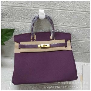 Bikns Handbag Handmade Lychee Pattern Bag Fashionable Purple Top Layer Cowhide Leather Women's Mouth Lock