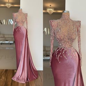 Luxury Women Evening Dresses High Collar Long Sleeves Prom Gowns Sequins Pearls Pleat Sweep Train Dress Custom Made Robe De Soiree