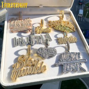 Hustle Pendant Necklace Iced Out Bling Cubic Zirconia Letter Lucky Money Badge Charm Män kvinnor Fashion Hip Hop Jewelry 240403