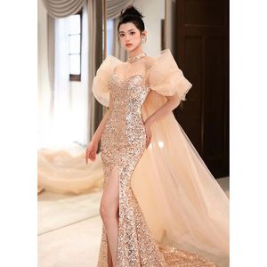 Novos vestidos sexy de noiva de renda lantejoulas 2024 Novo luxo sereia lateral tule tule tule de mariage rucled vestidos de noiva longos de mangas de ombro trompete vestidos de noiva