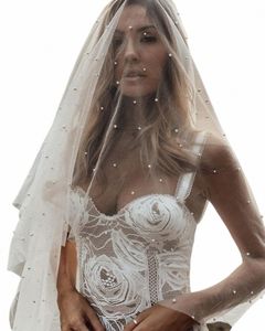 yolapan v114 Perlenschleier mit Bluschen 2 Stufen Brautschleier Kathedrale weißer Elfenbein Hochzeitsschleier mit Perlen Braut Schleier Deckgesicht H3SM#