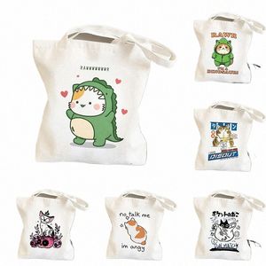 Mulher Shop Shoppper Dinosaur Shark Cat Shop Bag fofo Tote Tote Bolsas de viagem Bolsas de pano de praia Ladies Fabric G8ox#