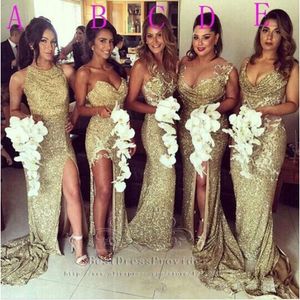Sexy Bling Gold Sequins Bridesmaid Halter Neck Illusion Back High Split Evening Dresses Appliques Long Maid Of Honor Gowns