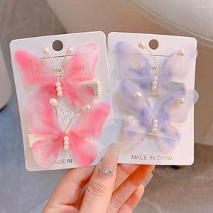 Hair Accessories Pearl Butterfly Clip Elegant Gradient Mesh Hanfu Hairpin Traditional Children Barrette Daily Life