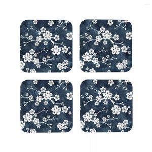 Table Mats Navy And White Cherry Blossom Pattern Coasters Coffee Set Of 4 Placemats Tableware Decoration & Accessories Pads For Home