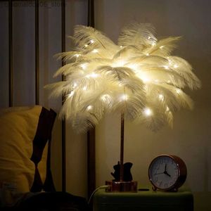 Lamps Shades Feather table lamp LED night light bedroom girl heart-shaped bedside lamp modern wedding decoration small lantern holiday gift Q240416