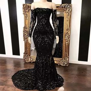 Off the Vestidos Shoulder Mermaid Prom Dresses Vintage Black Long Sleeve Sweep Strain Sequined Formal Evening Dress Party Gowns BC