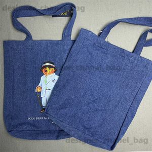 Shoulder Bags Cross Mirror Hot Selling RL Japanese Korean Cartoon Pattern Printing Shopping Bag Handbag One Shoulder Handheld Denim Bag T240416