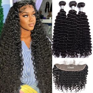 Pacotes de cabelo humano encaracolados de onda profunda com transparente 13x4 lace frontal brasileiro para mulheres tece 3 fechamento 240401