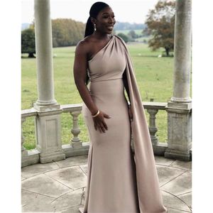 2022 Sexy Champagne Nude Mermaid Bridesmaid Dresses For Weddings With Cape African One Shoulder Plus Size Party Sweep Train Maid Of Honor Gowns Zipper Back