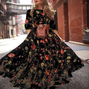 Casual Dresses Summer Women Dress Floral Print A-Line Loose Hem Vintage High midja French Style Three Quarter Sleeves Pleated O Neck Prom