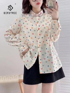 Kvinnors blusar Spring Cotton Linen Shirt Women Lapel Love Printed Tops Girl Long Sleeve Sweet Age Reduction Blus 2024 Autumn T43307QC