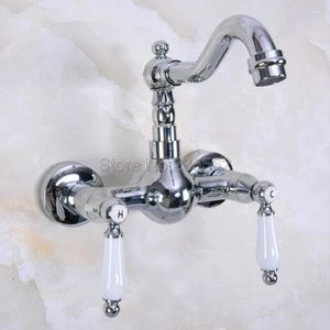 Bathroom Sink Faucets Polished Chrome Brass Wall Mounted Double Ceramic Handles Faucet Mixer Tap Swivel Spout Lnf959