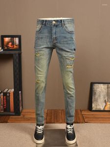 Jeans masculinos 2024 Retro Faça a rua raspada velha trecho slim fit