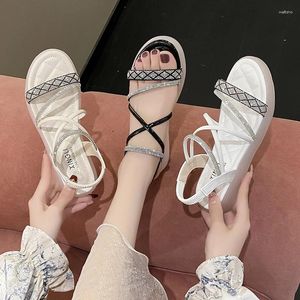 Sandals Rhinestone 2024 Women's Large Size Buckle Strap Ladies Shoes Summer Suit Female Beige Big Fashion Low Comfort Black