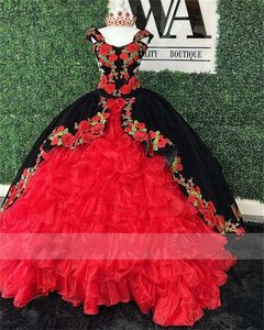 Applique Red Ball Gown Quinceanera Bow Ruffle Messicano Sweet 16 Abiti Vestidos de 15 Anos Lace Up Up
