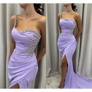 Sexy Lavender Plus Size Mermaid Prom Dresses One Shoulder Crystals Sleeveless High Side Split Formal Occasions Wear Birthday Celebrity Pageant Evening Gowns