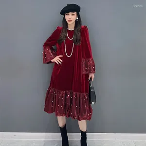 Casual Dresses Girls Lovely Velvet A Line Dress for Autumn Winter Plus Size Ruffle Spliced ​​Women Round Neck Pullovers